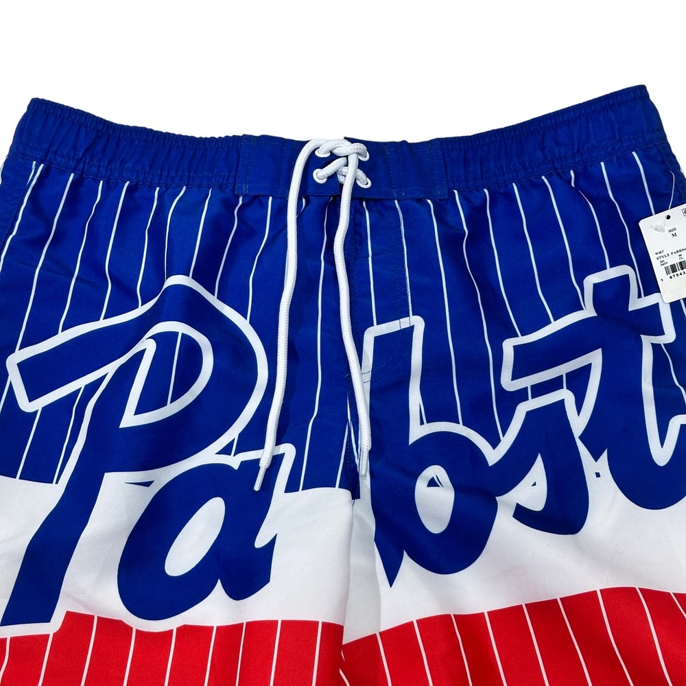 Pabst Blue Ribbon Mens Pinstripe Swim Trunks Blue Red White Medium NEW - Picture 2 of 9